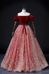 Wine Red Velvet and Pink Tulle Off Shoulder Formal Dress, Pink Sweet 16 Dresses